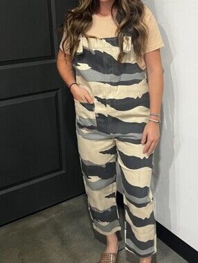 easel Beige and Black Striped Cotton Overalls. Multiple Sizes Available S,M,L